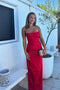 Strapless Red Prom Dress Satin Mermaid A Line Party Dress with Ruched