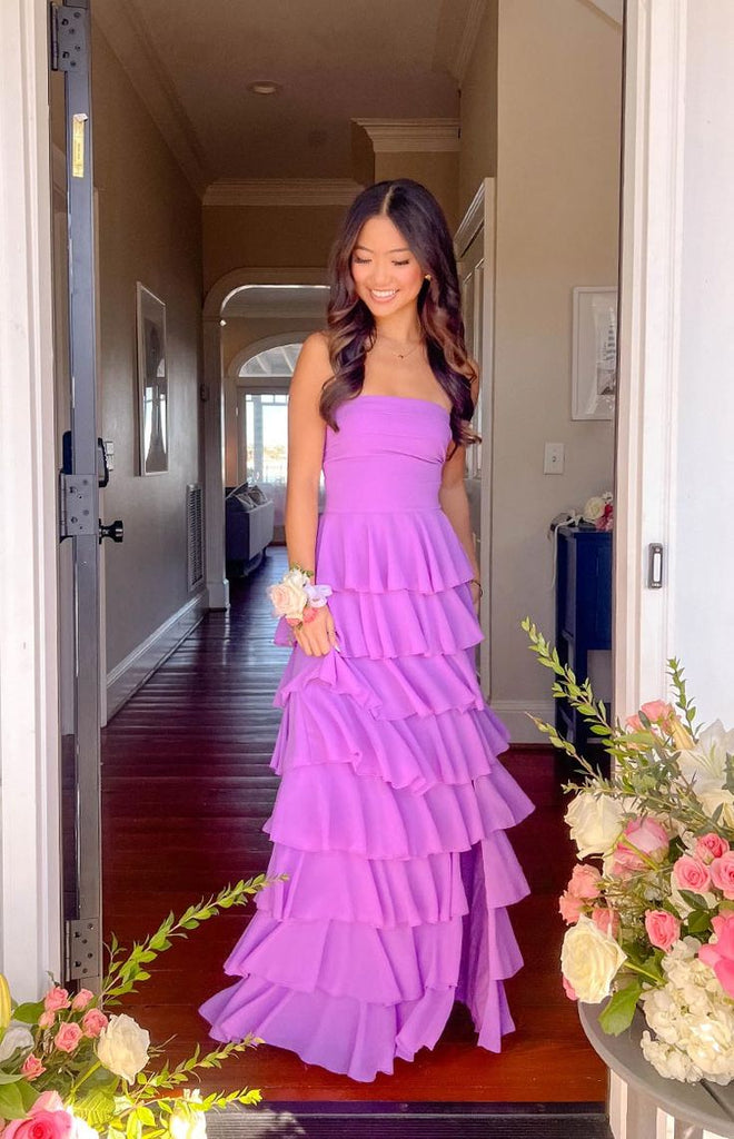 Long Purple Prom Dress Ruffles Strapless A Line Party Dress with Slit