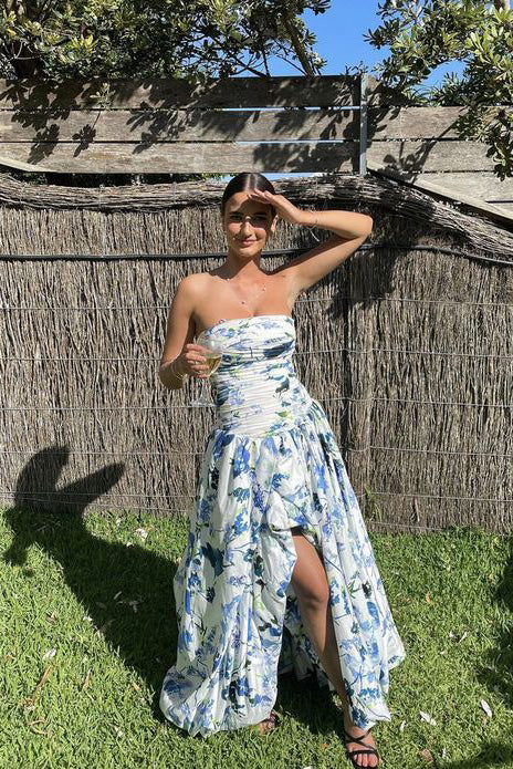 Strapless Floral Print Sleeveless Long Prom Dress Slit Evening Dress