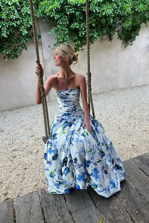 Strapless Floral Print Sleeveless Long Prom Dress Slit Evening Dress