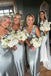 V-neck Silver Satin Long Bridesmaid Dresses with Bowtie