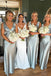 V-neck Silver Satin Long Bridesmaid Dresses with Bowtie