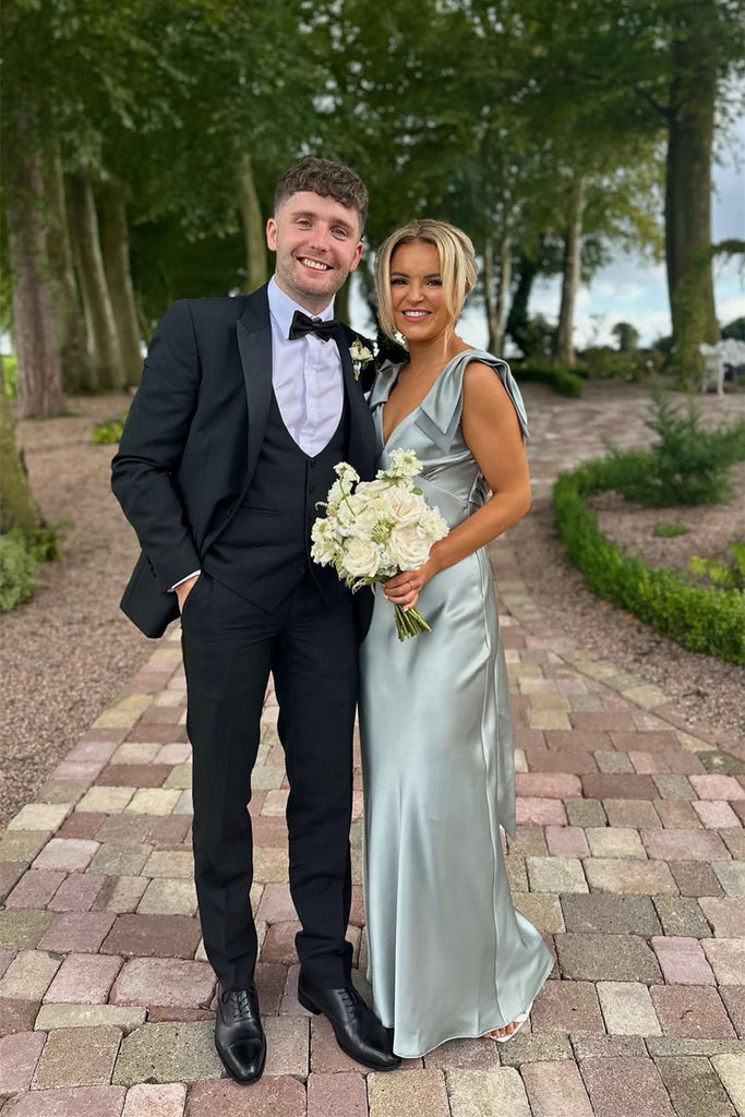 V-neck Silver Satin Long Bridesmaid Dresses with Bowtie