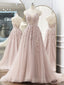 Spaghetti Straps Pink Princess Tulle A Line Long Prom Dress with Beaded