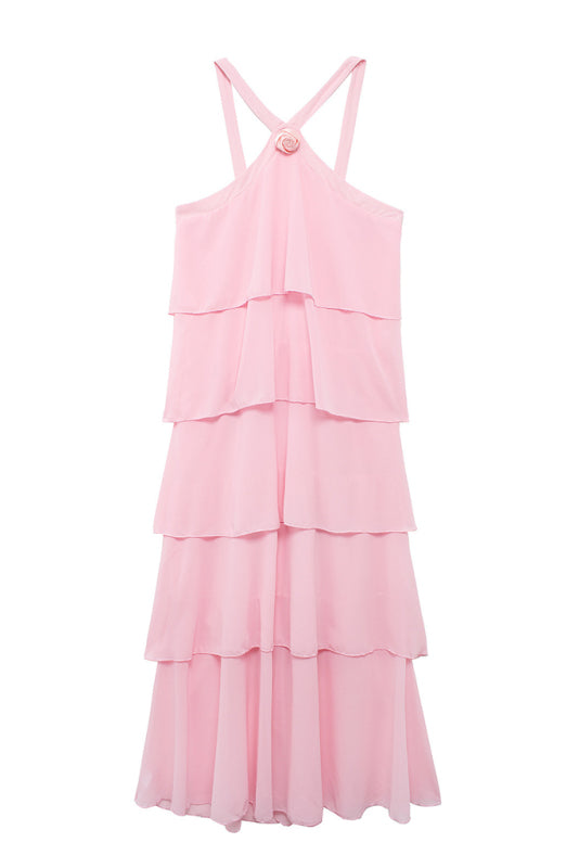 Elegant Pink Halter A Line Evening Dress, Ruffles Backless Prom Dress