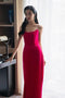 Strapless Hot Pink Velvet Long Party Evening Prom Dress With Slit