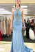 Unique Sky Blue Mermaid Lace Prom Dress, Halter Long Formal Dress