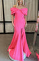 Unique Pink Off the Shoulder Mermaid Slit Long Prom Dress With Pleated