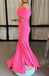 Unique Pink Off the Shoulder Mermaid Slit Long Prom Dress With Pleated