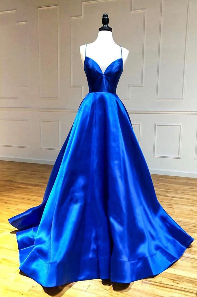 Spaghetti Straps Blue Sleeveless V Neck Satin A-Line Long Prom Dress
