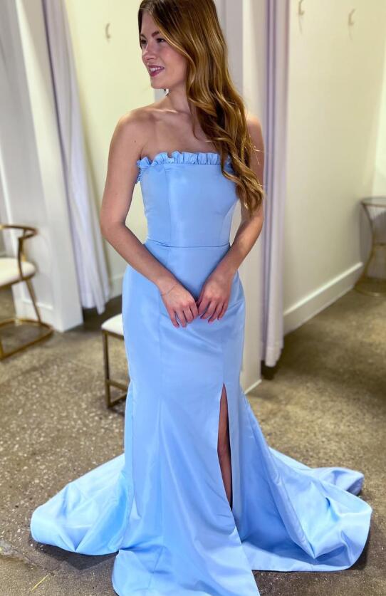 strapless open back dress Glitter Strapless Blue Tulle A Line Prom Dress with Beading
