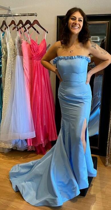 Strapless Blue Mermaid Fitted Slit A Line Long Prom Dress With Ruffles