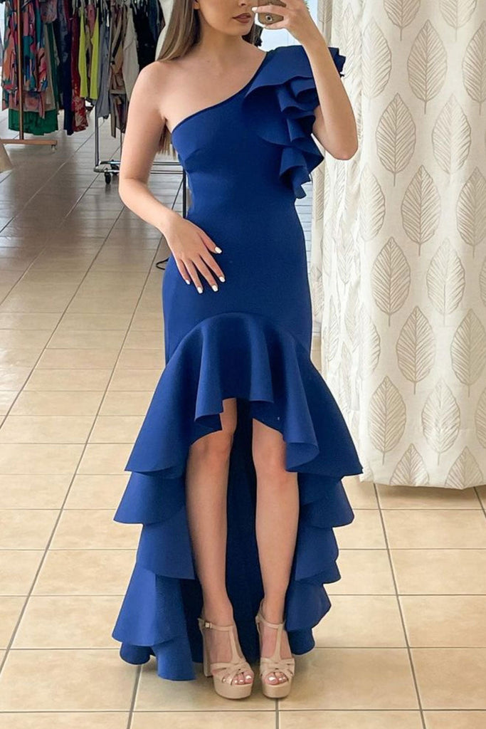 One Shoulder Royal Blue Satin Long Prom Dress, A Line Party Dress