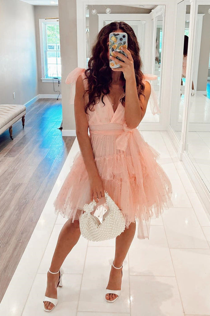 A Line Peach Tulle Homecoming Dress With Pearls, Princess V Neck Homecoming Dress