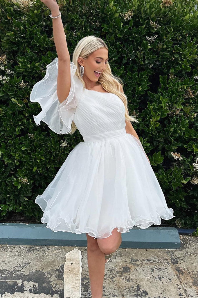 One Shoulder White Tulle Short Homecoming Dress With Ruffles