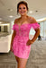 Spaghetti Straps Hot Pink Feathered Short Homecoming Dress With Applique