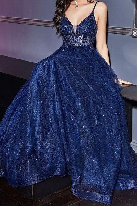 Sparkly Navy Blue A Line Spaghetti Straps Long Prom Dress With Appliqu DressTok.co.uk Sparkly Navy Blue A Line Spaghetti Straps Long Prom Dress With Appliqu DressTok.co.uk