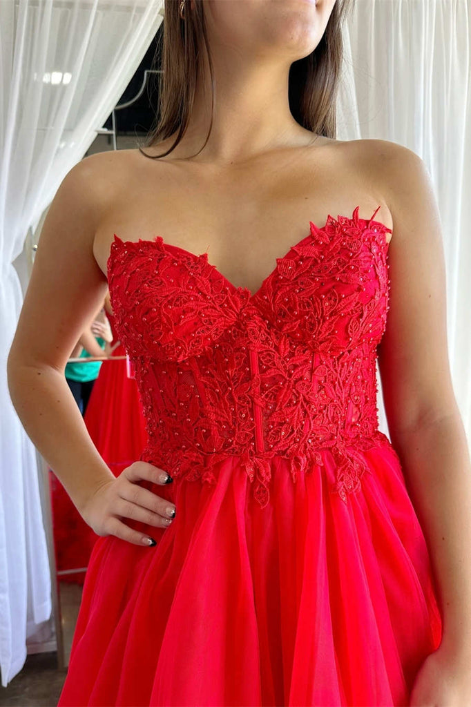 Sweetheart Red Ball Gown A Line Tulle Long Prom Dress with Ruffles