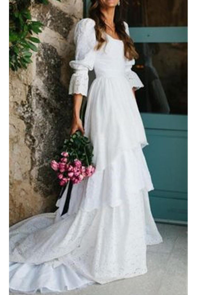 A Line Ivory 3/4 Sleeves Lace Square Wedding Dresses With Train Tiered