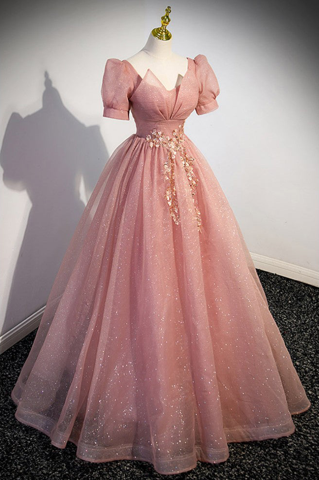 Pretty Pink Tulle Prom Dress With Short Sleeves, Shiny Sequin Long Formal Gown