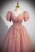 Pretty Pink Tulle Prom Dress With Short Sleeves, Shiny Sequin Long Formal Gown