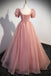 Pretty Pink Tulle Prom Dress With Short Sleeves, Shiny Sequin Long Formal Gown