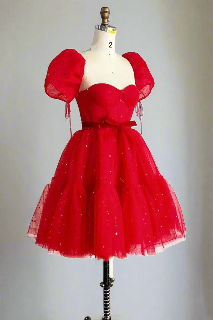 Sweetheart Red Sequins Short Homecoming Dresses With Balloon Sleeves