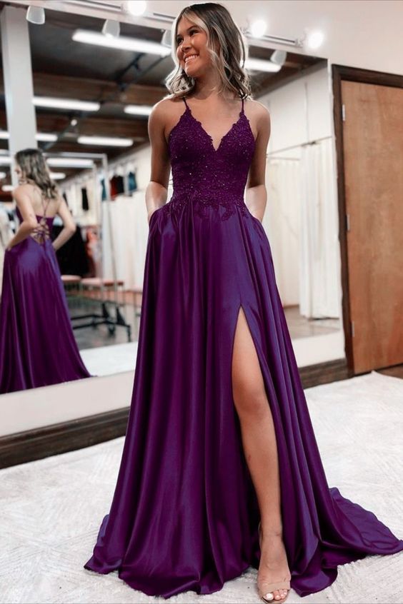 Elegant Purple Satin Prom Dress V Neck Split Party Gown With Lace Appl DressTok.co.uk Elegant Purple Satin Prom Dress V Neck Split Party Gown With Lace Appl DressTok.co.uk