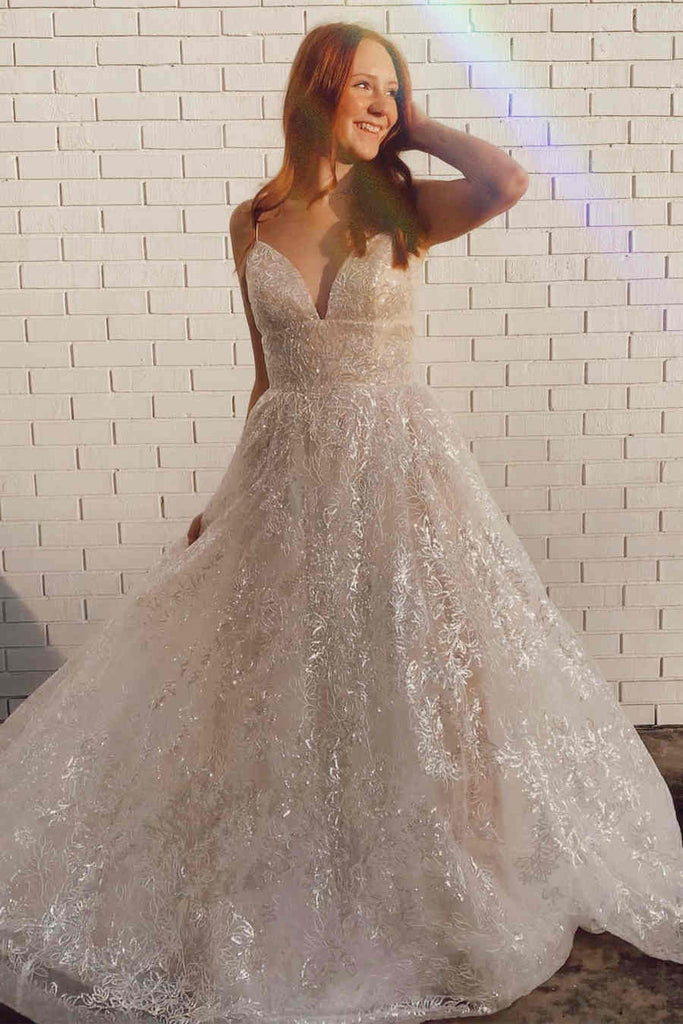 Spaghetti Straps Blue A Line Tulle Princess Long Prom Dress with Applique