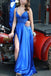 Prom Dress, Royal Blue Satin V neck Long Party Dress with Applique Slit