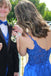 Prom Dress, Royal Blue Satin V neck Long Party Dress with Applique Slit