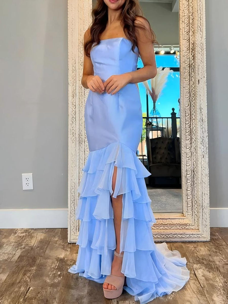 Strapless Sky Blue Mermaid Long Prom Dress with Split, Ruffles Evening Gown