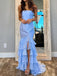 Strapless Sky Blue Mermaid Long Prom Dress with Split, Ruffles Evening Gown