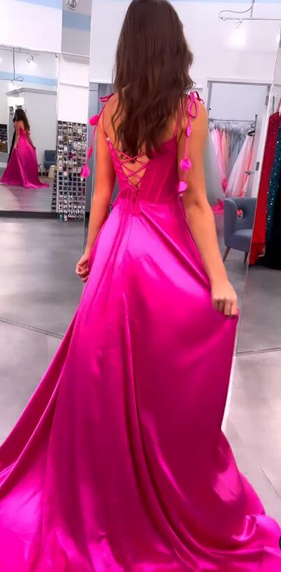 Straps Red Sleeveless Satin Long Prom Dress With Slit, A Line Formal Dress