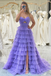 Spaghetti Straps Purple Slit Prom Dress A Line Evening Dress with Ruffles