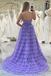 Spaghetti Straps Purple Slit Prom Dress A Line Evening Dress with Ruffles