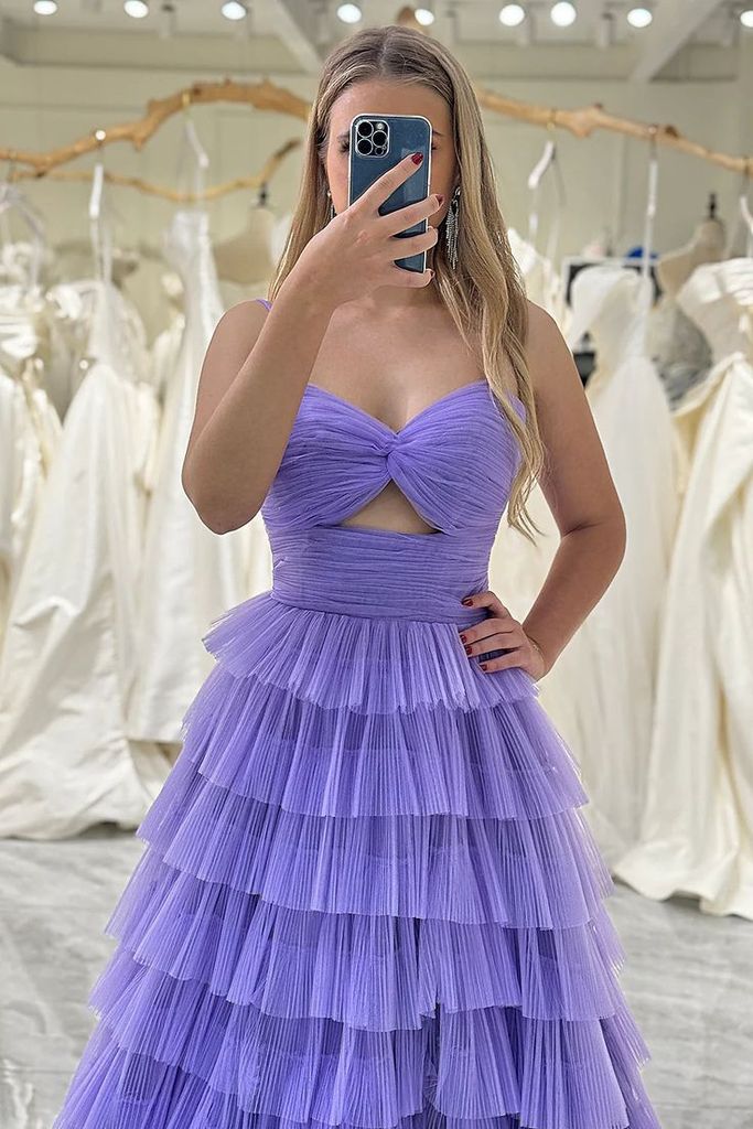 Spaghetti Straps Purple Slit Prom Dress A Line Evening Dress with Ruffles