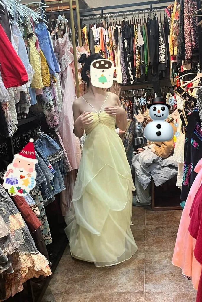 Sweet Long Yellow Prom Dress Chiffon Spaghetti Straps A Line Party Dress