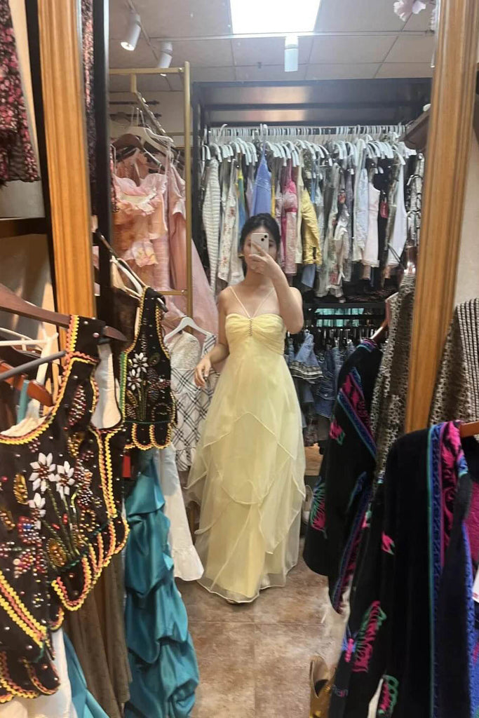 Sweet Long Yellow Prom Dress Chiffon Spaghetti Straps A Line Party Dress