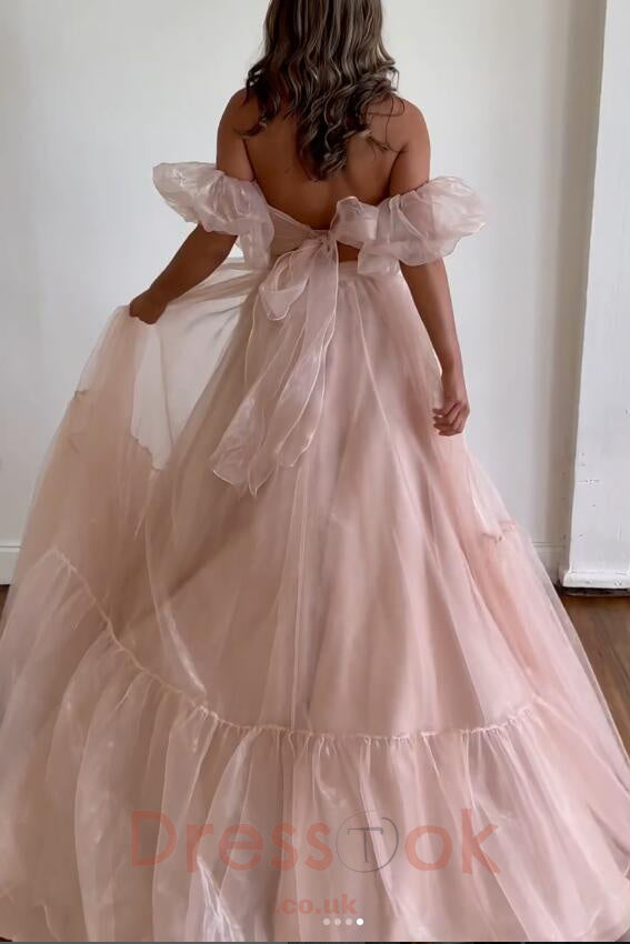 Sweetheart Blush Pink Organza Two Piece Evening Gown with Puff Sleeves