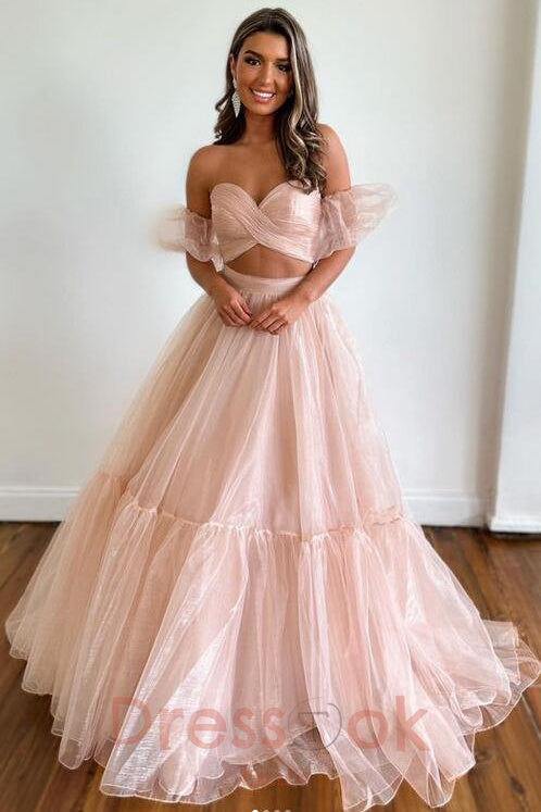 Sweetheart Blush Pink Organza Two Piece Evening Gown with Puff Sleeves