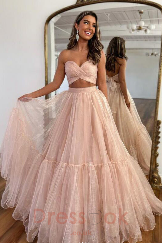 Sweetheart Blush Pink Organza Two Piece Evening Gown with Puff Sleeves