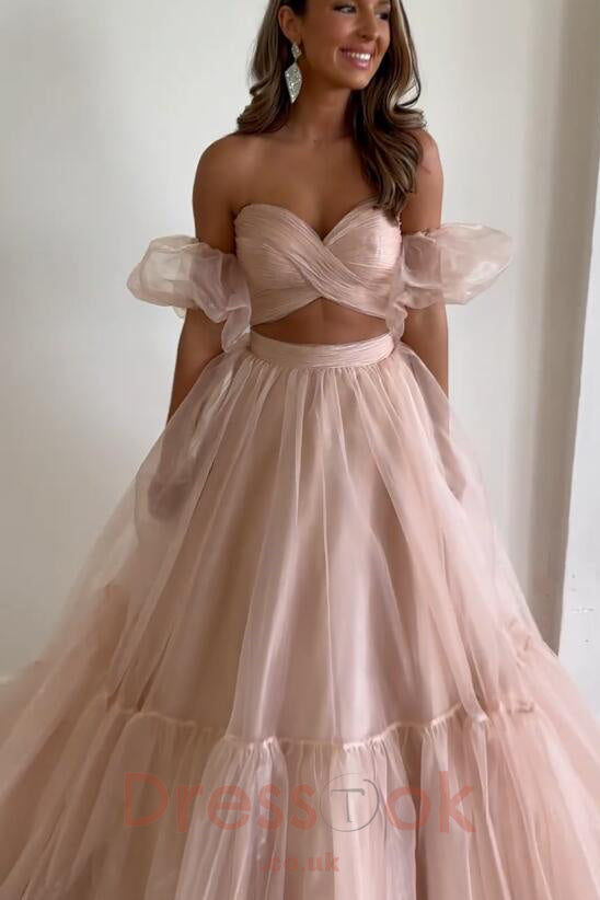 Sweetheart Blush Pink Organza Two Piece Evening Gown with Puff Sleeves