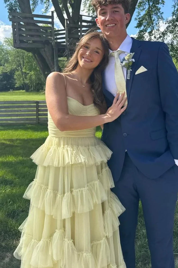 Elegant Spaghetti Straps Yellow A Line Tulle Dress Long Formal Dress with Tiered