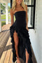 Charming Black Strapless Ruffles Maxi Dress Long Formal Dress with Slit