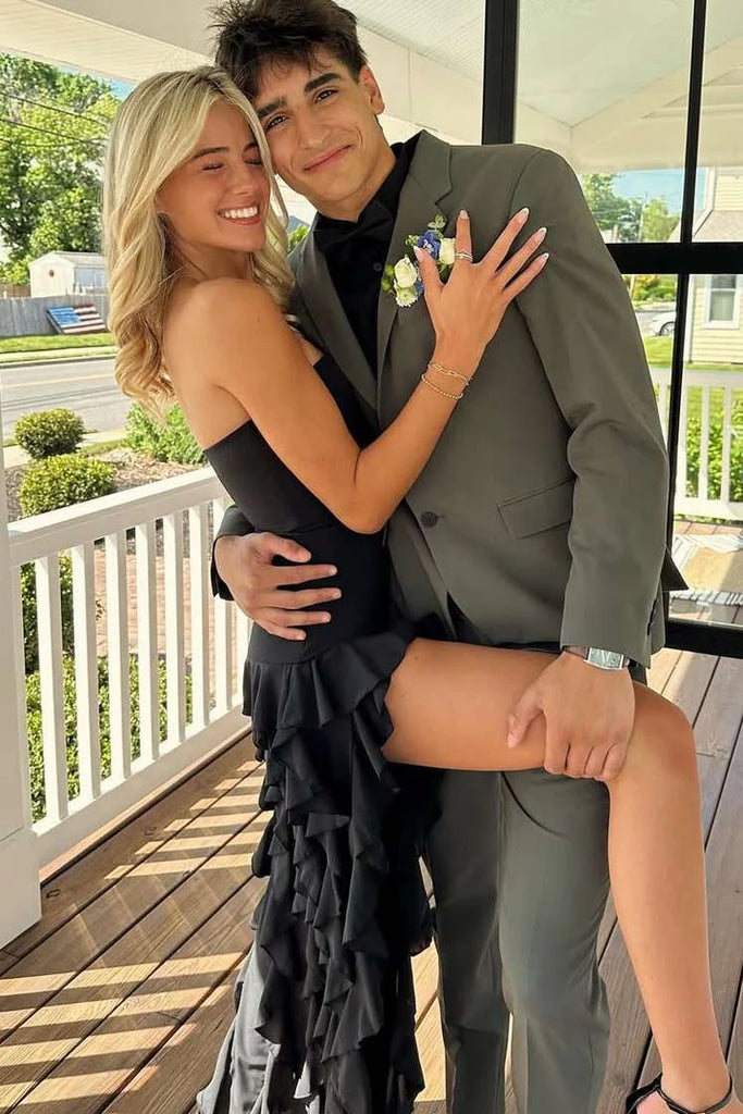 Charming Black Strapless Ruffles Maxi Dress Long Formal Dress with Slit