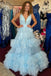Elegant V Neck Sky Blue A Line Tulle Dress Long Formal Dress with Layers
