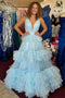 Elegant V Neck Sky Blue A Line Tulle Dress Long Formal Dress with Layers