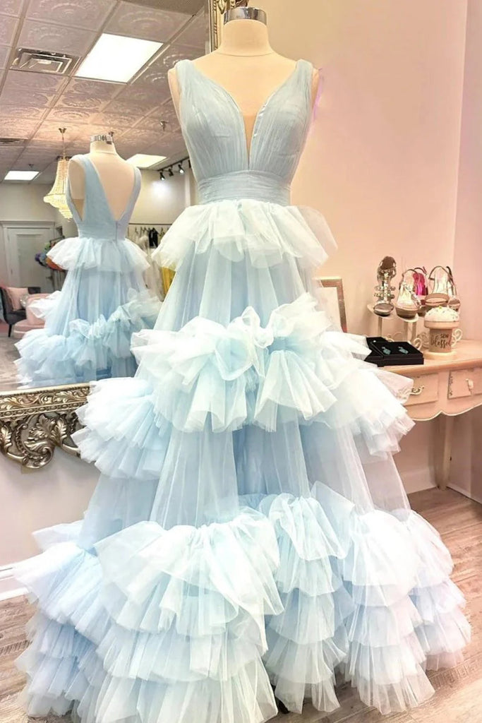 Elegant V Neck Sky Blue A Line Tulle Dress Long Formal Dress with Layers