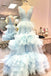 Elegant V Neck Sky Blue A Line Tulle Dress Long Formal Dress with Layers